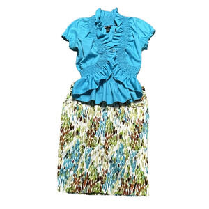 DFA New York 2 Pc Blue Ruffled Top & Multicolor Skirt - Size 14